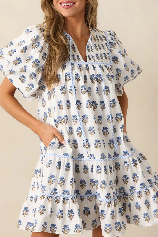 Sky Blue Floral Print Puff Sleeve Tiered Mini Dress Casual V-Neck Mini Dress