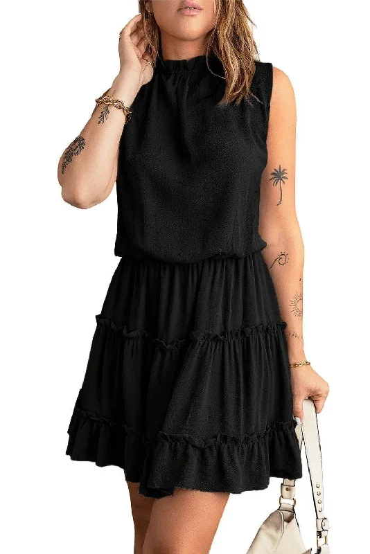 Black Sleeveless V Neck Ruffled Swing Mini Dress Comfortable Zip-Up Mini Dress