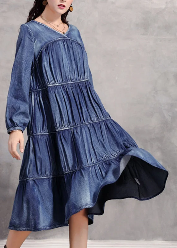 Casual Blue V Neck Wrinkled Patchwork Denim Long Dress Long Sleeve NN018 Tunics Yoga stretchy