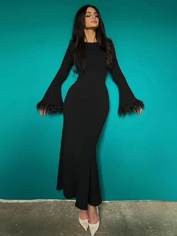 Zjkrl - Casual Feather Patchwork Long Autumn Dress Streetwear Women Elegant Chic Autumn Winter Bodycon Evening Party Black Dresses 2023 Tunics Chinos classic
