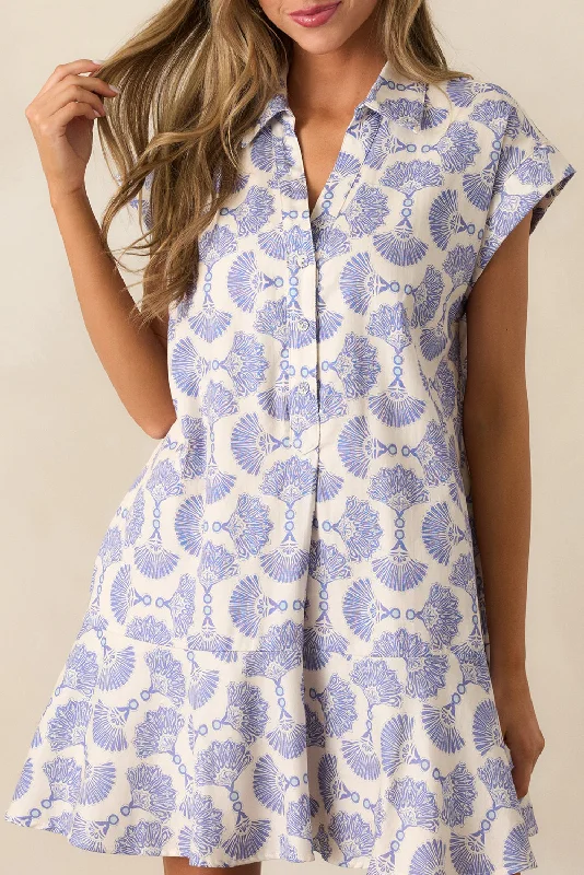 Sky Blue Abstract Print Collared Mini Dress Fashionable Pleated Mini Dress