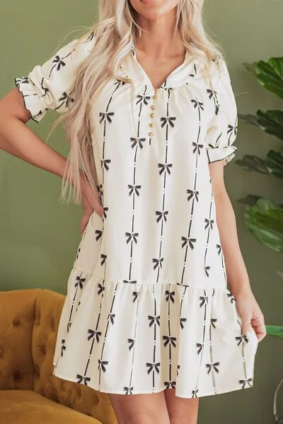 Frill Bow Print Notched Short Sleeve Mini Dress Cozy Cowl Neck Mini Dress