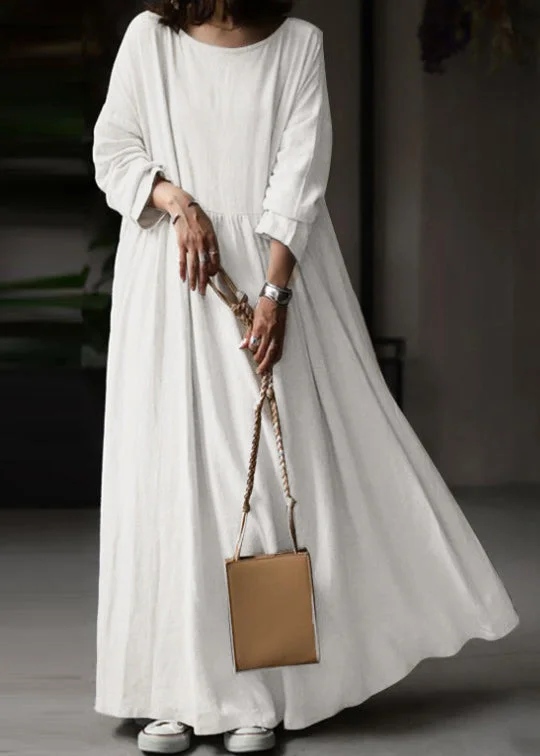 Loose White O Neck Solid Cotton Maxi Dress Long Sleeve FF053 Bodycon Club Sequined