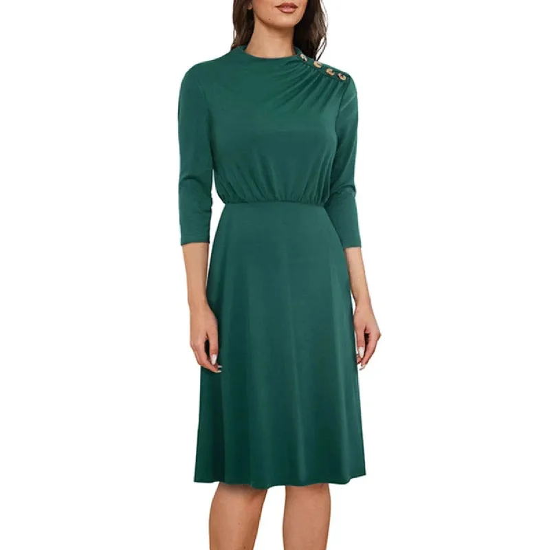 Crew Neck 3/4 Sleeve Solid Color Mini Dress With Buttons Cozy Cowl Neck Mini Dress