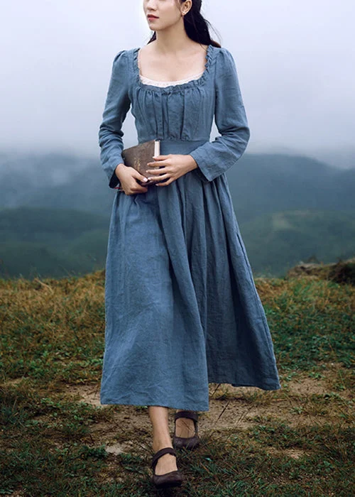 New Blue Square Collar Ruffled Linen Long Dresses Long Sleeve AH619 Tunics Practical durable New Blue Square Collar Ruffled Linen Long Dresses Long Sleeve AH619 Tunics Practical durable