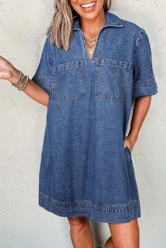 Blue Short Sleeve Collared Chest Pocket Denim Mini Dress Elegant Mini Dress with Ruffles Blue Short Sleeve Collared Chest Pocket Denim Mini Dress Elegant Mini Dress with Ruffles