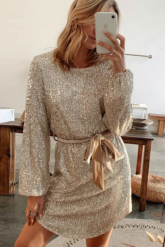 Long Sleeve Boat Neck Sequined Party Mini Dress Elegant Off-Shoulder Dress Mini