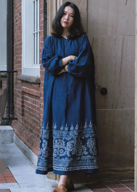 French Blue Button Print Maxi Dresses Long Sleeve MN054 Tunics Bridal satin