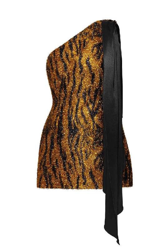 FUZZY ONE SHOULDER MINI DRESS IN LEOPARD PRINT Comfortable Fit-and-Flare Mini Dress