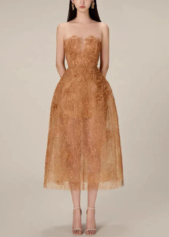 Caramel Lace Sequins Tulle Long Dress Strapless Summer KK017 Tunics Fashionable chic Caramel Lace Sequins Tulle Long Dress Strapless Summer KK017 Tunics Fashionable chic
