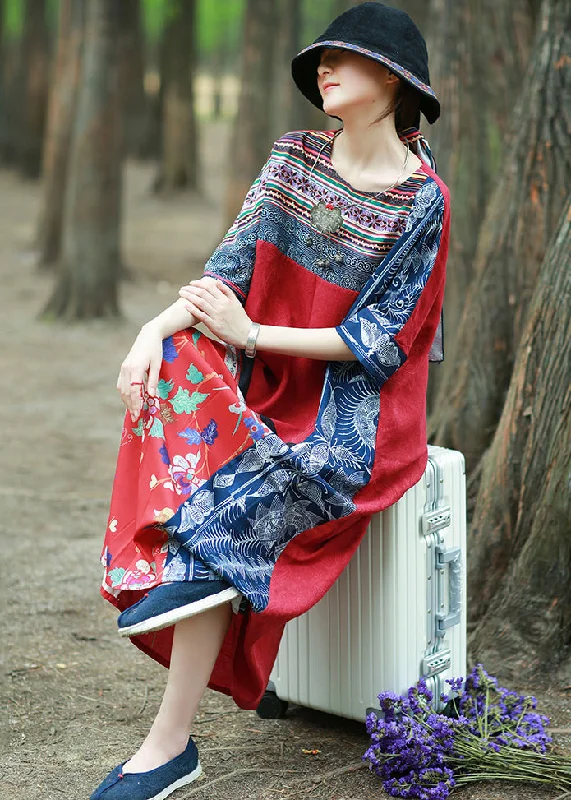 Loose Red Print Pockets Patchwork Cotton Maxi Dresses Half Sleeve KK096 Tunics New arrival Loose Red Print Pockets Patchwork Cotton Maxi Dresses Half Sleeve KK096 Tunics New arrival