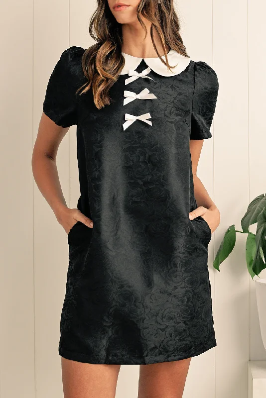 Black Elegant Floral Bow Detail Puff Sleeve Mini Dress Cozy T-Shirt Mini Dress
