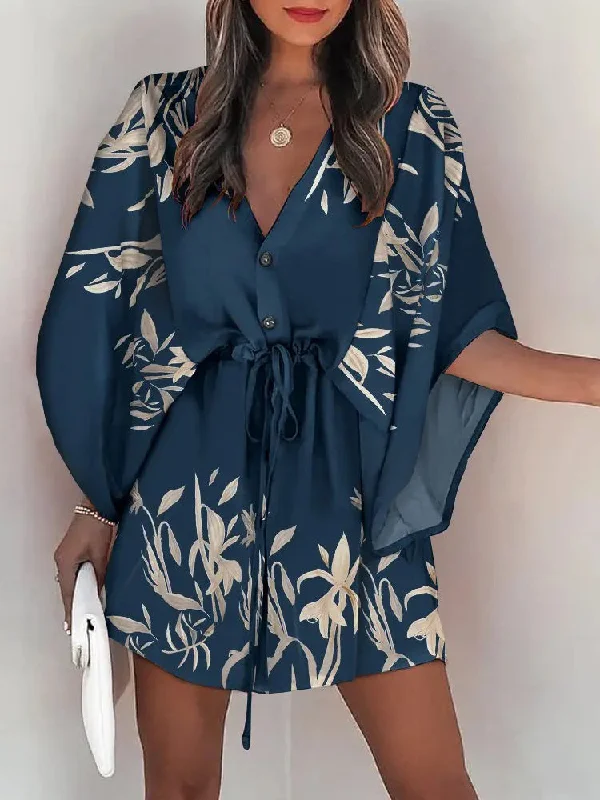 Summer Casual Loose Print Mini Dress Women 2023 Fashion V-neck Batwing Sleeve Lace-up Dresses Women Elegant Party Beach Dress Chic Pleated Mini Dress