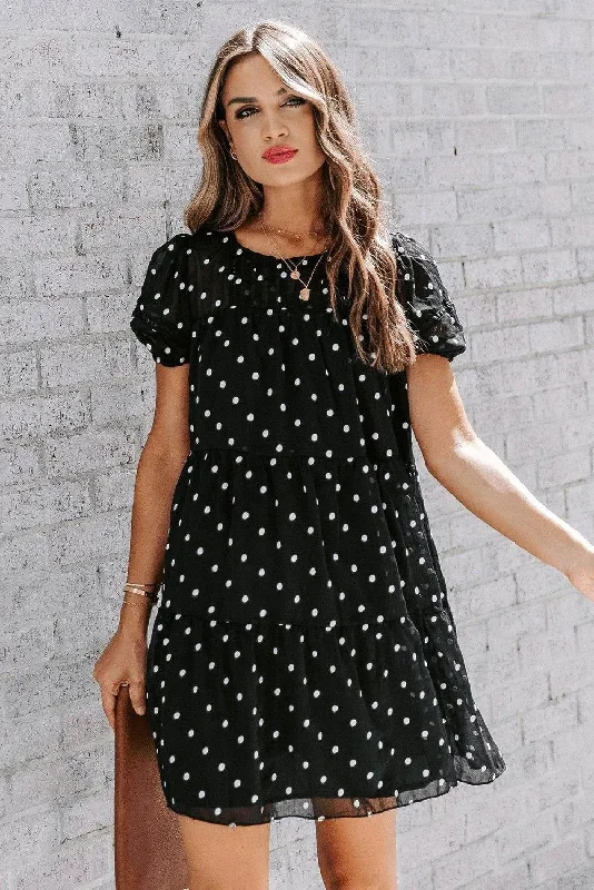 Black Polka Dot Tiered Swing Mini Dress Chic Puff Sleeve Mini Dress