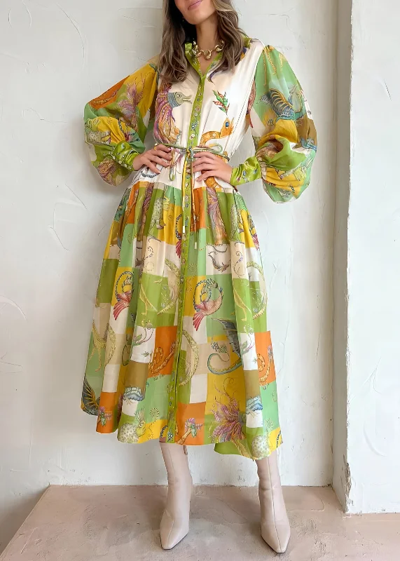 Loose Green Button Print Tie Waist Cotton Shirts Dress Lantern Sleeve FF087 Tunics Floral girly