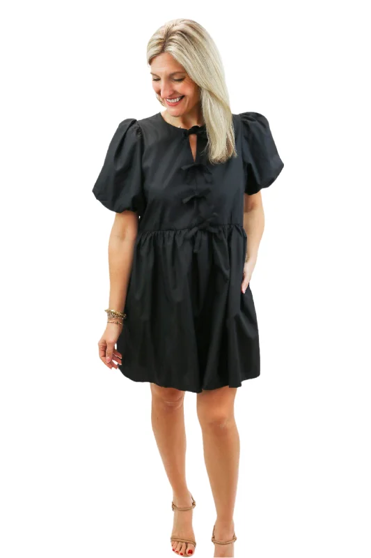 Prim and Proper Bow Mini Dress, Black Comfortable Off-Shoulder Mini Dress