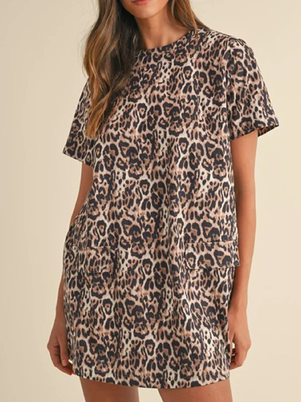 Leopard Round Neck Short Sleeve Mini Dress Fashionable Pleated Mini Dress