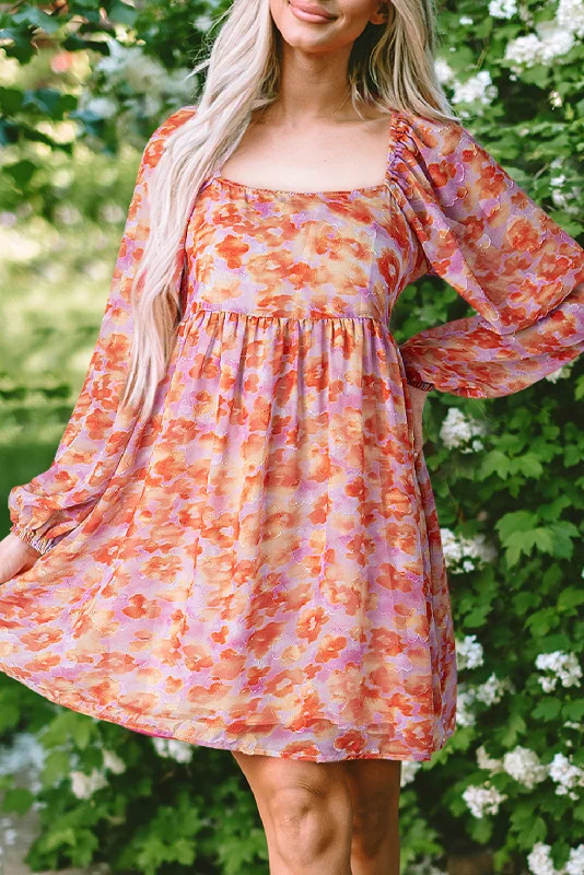 Rose Floral Print Square Neck High Waist Mini Dress Elegant Velvet Mini Dress