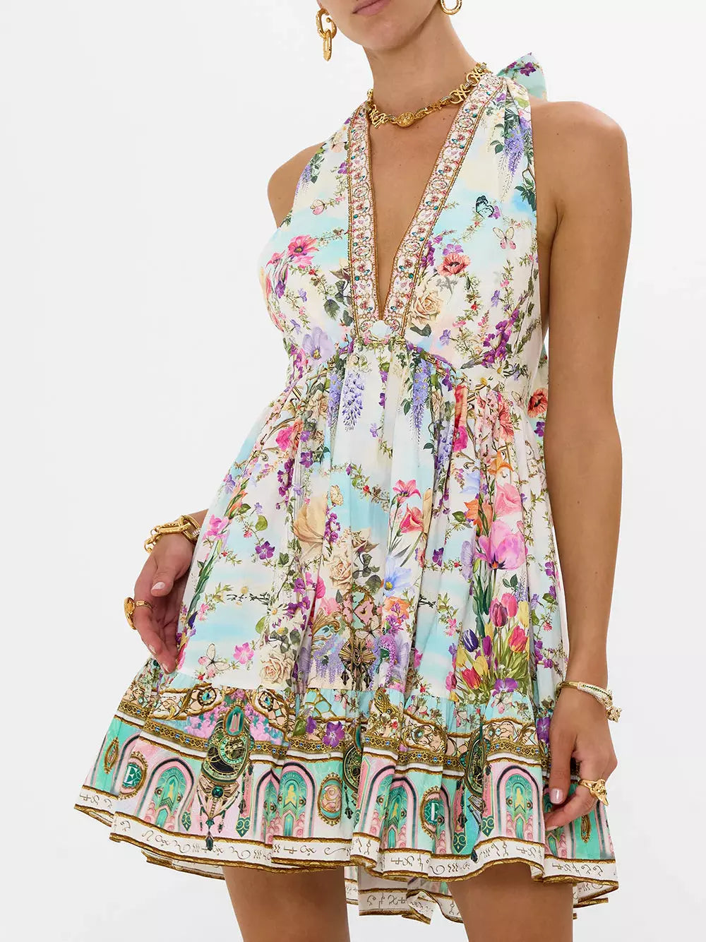 Halter-Neck Multicolored Floral Printed Mini Dress Cozy Cotton Mini Dress