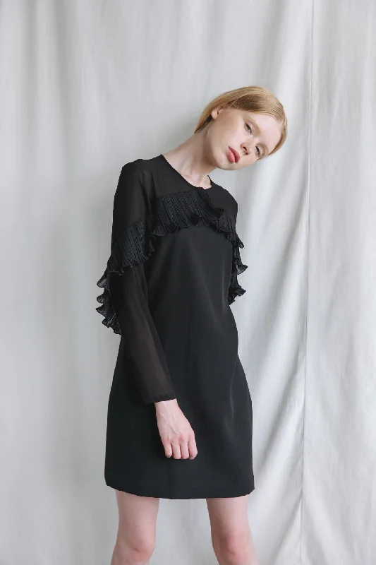 ZP091705DBK (SP081702) : MINI DRESS WITH PLEATED RUFFLE Classic Shift Mini Dress