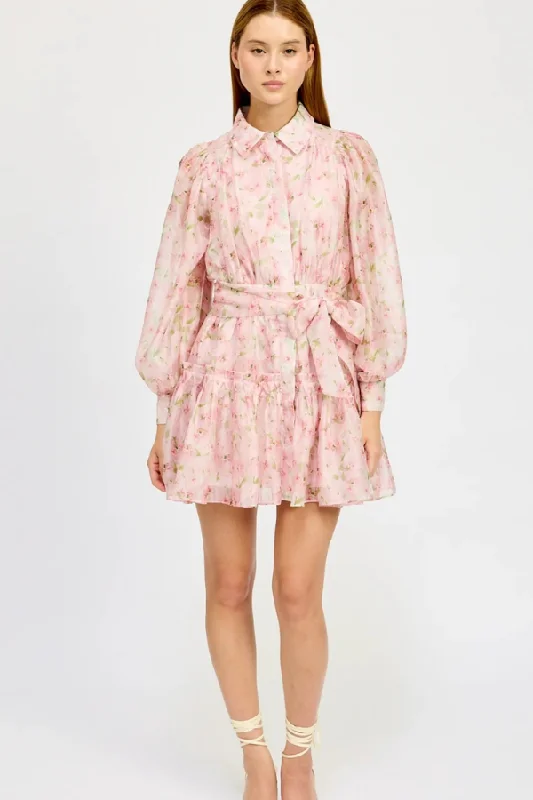 Floral Print Tie Waist Mini Dress Elegant Off-Shoulder Dress Mini