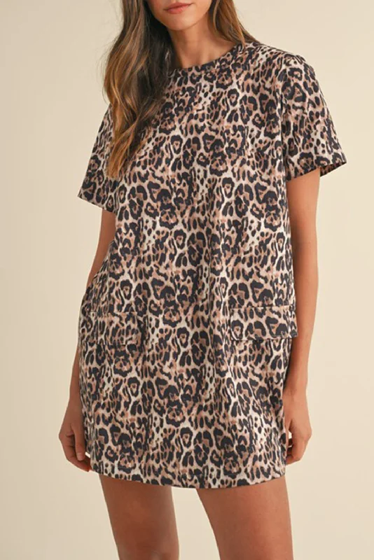 Brown Leopard Print Short Sleeve Pocket Mini Dress Classic Shift Mini Dress