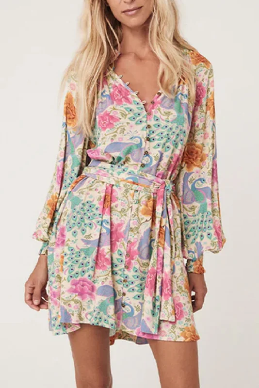 Multicolour Boho Long Sleeve V-Neck Knot Mini Dress Classic White Mini Dress