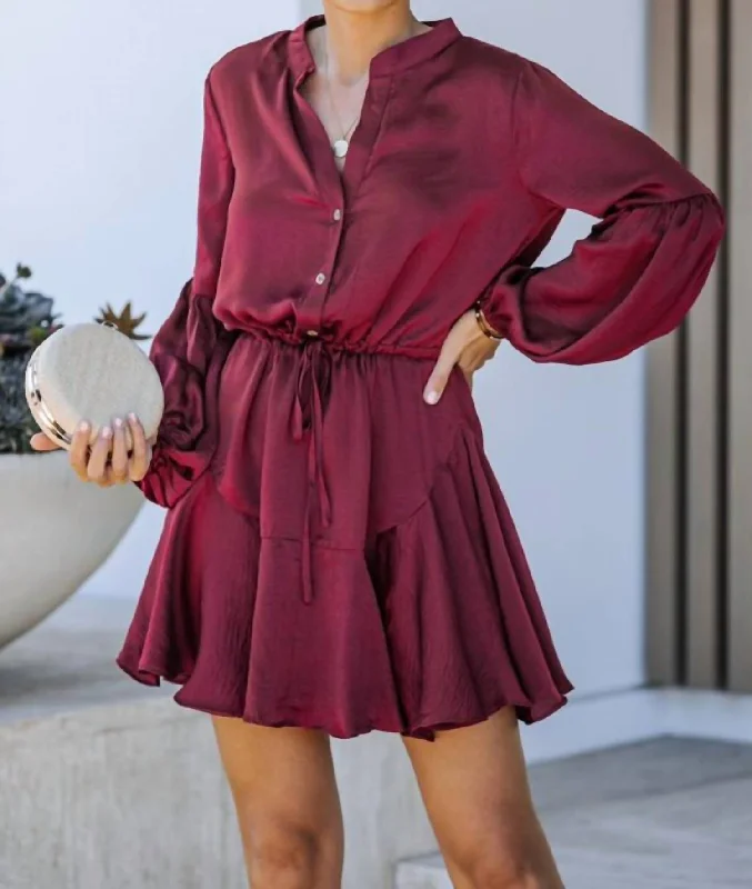 Balloon Sleeve Dress In Burgundy Tunics Leisure comfortable
