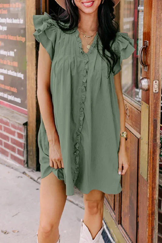 Mist Green Ruffle Trim Sleeve V Neck Pocketed Mini Dress Fashionable Lace-Trim Mini Dress
