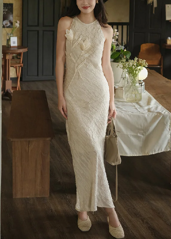 Floral Beige O-Neck Side Open Silk Long Dresses Sleeveless KK035 Tunics Prom sequined
