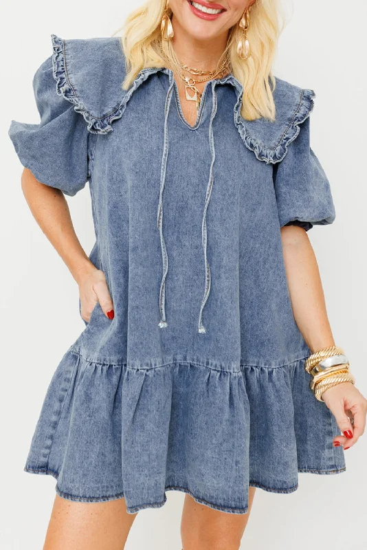Dusk Blue Ruffle Collar Side Pockets Puff Sleeve Denim Mini Dress Stylish Puff Sleeve Mini Dress Dusk Blue Ruffle Collar Side Pockets Puff Sleeve Denim Mini Dress Stylish Puff Sleeve Mini Dress