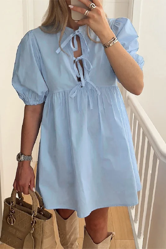 Beau Blue Bowknot Front Puff Sleeve Mini Dress Chic Sleeveless Mini Dress