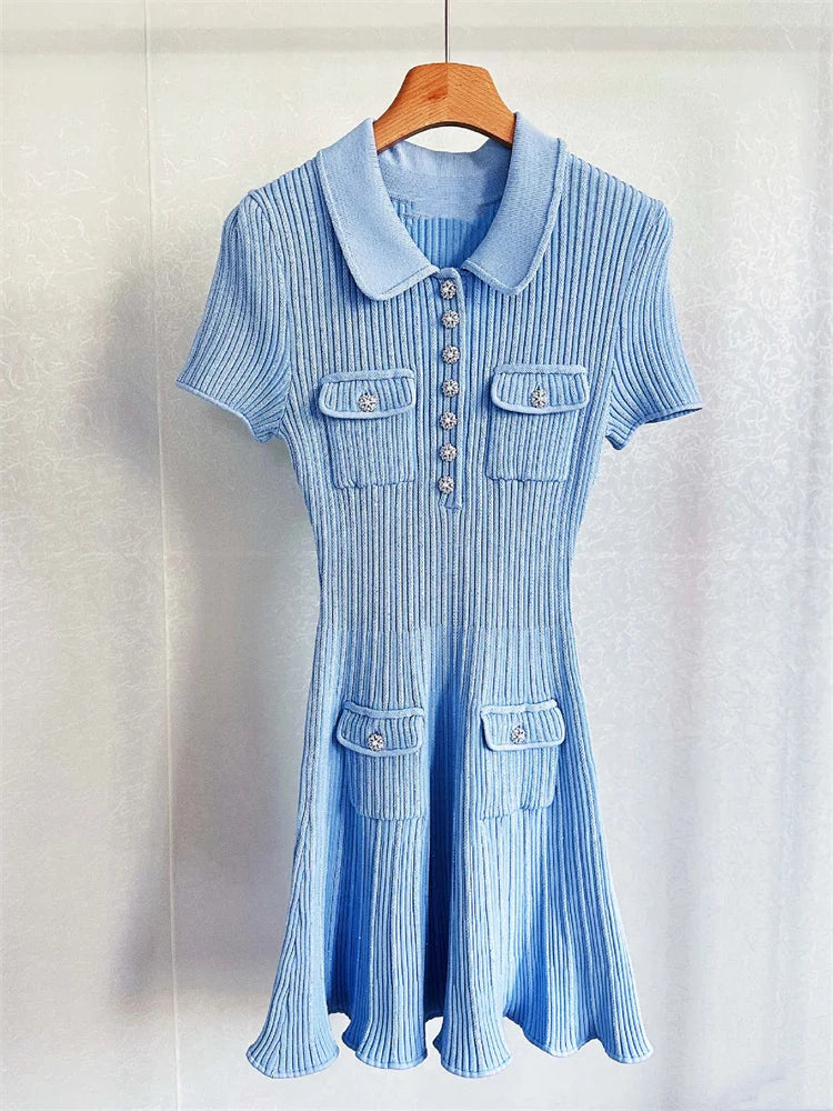 Women Diamond Buckle Knit Blue Mini Dress 2024 New Elegant Mini Dress with Ruffles
