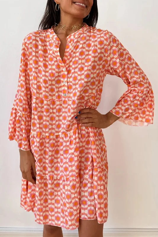 Orange Floral Button V Neck Bell Sleeve Mini Dress Trendy Off-Shoulder Dress Mini