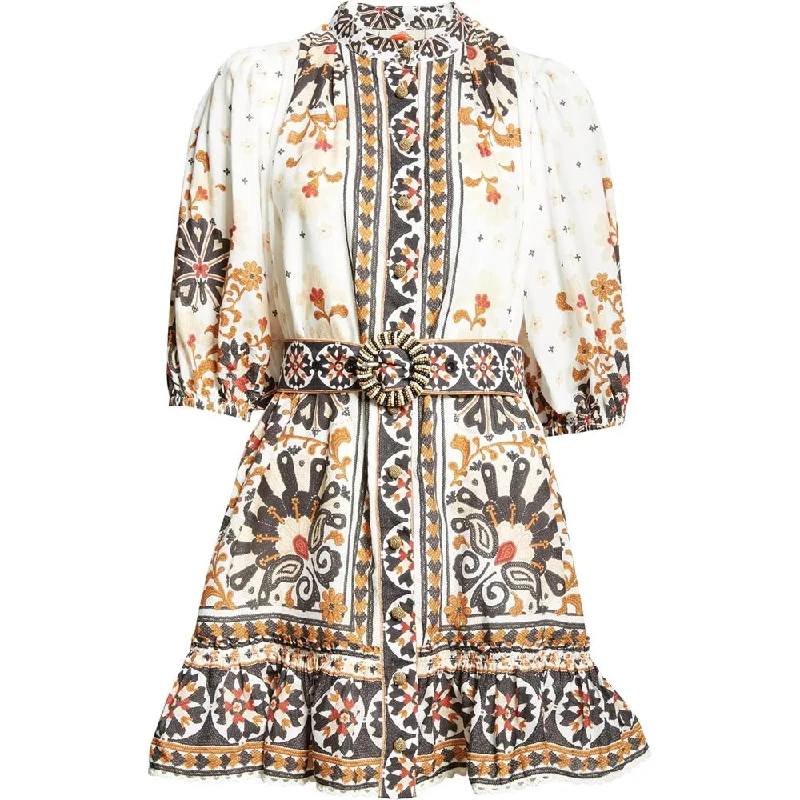 Farm Rio Women's Flower Fan Tapestry Print Puff Sleeve Belted Mini Shirt Dress Tunics Stylish modern Farm Rio Women's Flower Fan Tapestry Print Puff Sleeve Belted Mini Shirt Dress Tunics Stylish modern