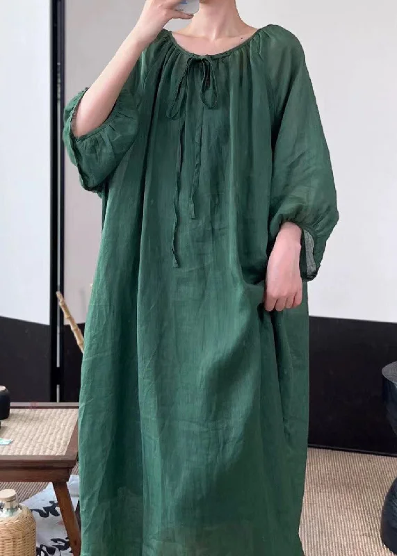 Women Green Lace Up Solid Linen Long Dresses Fall MN053 Tunics Hiking breathable