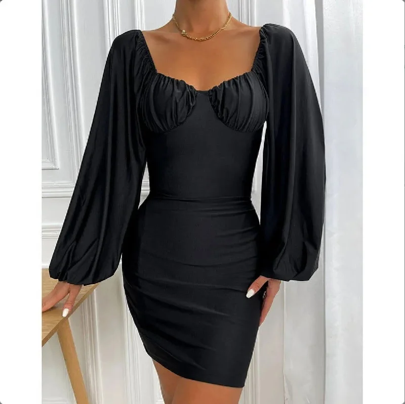 Black Sweet-Heart Neck Lantern Sleeve High Waist Mini Dress Elegant Lace Mini Dress