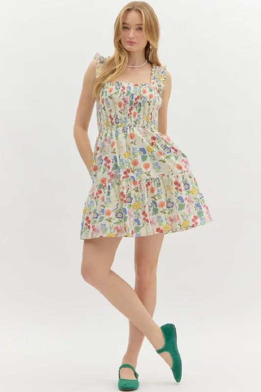 Floral Print Elastic Shoulder Mini Dress Chic Halter Mini Dress