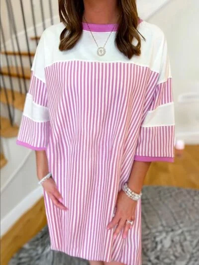 Striped Round Neck Three-Quarter Sleeve Mini Dress Stylish Spaghetti Strap Mini Dress