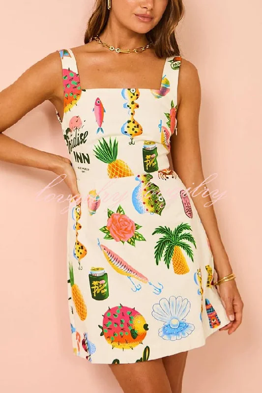 Summer Colorful Fruit Unique Print Tie-back Mini Dress Elegant Satin Mini Dress