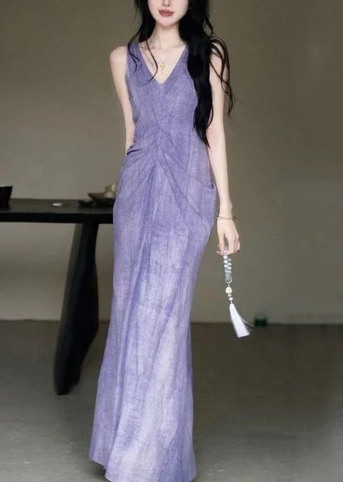 New Purple V Neck Solid Cotton Long Dresses Sleeveless KK022 Maxi Flowy Bohemian
