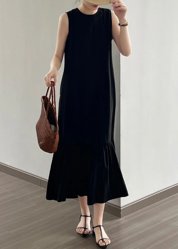 Black Wrinkled Cotton Long Dress O Neck Sleeveless NN021 Tunics Occasion special