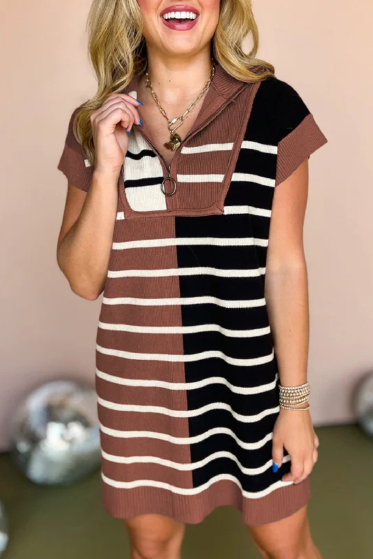 Khaki Stripe Color Block Short Sleeve Quarter Zip Mini Dress Cozy Knitted Mini Dress