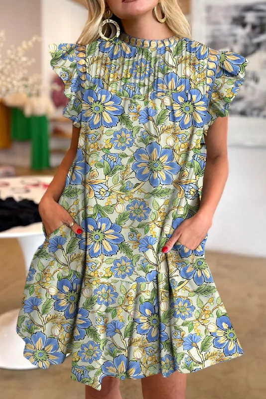 Spinach Green Botanical Floral Print Ruffle Pleated Mini Dress Stylish Puff Sleeve Mini Dress