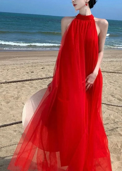 New Red Backless Lace Up Tulle Long Dresses Sleeveless KK023 Boatneck Modish Everyday
