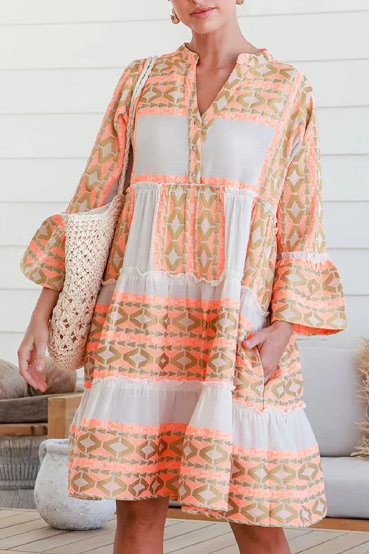 Orange Boho Geometric V-Neck Frill Tiered Mini Dress Cozy Sweater Mini Dress