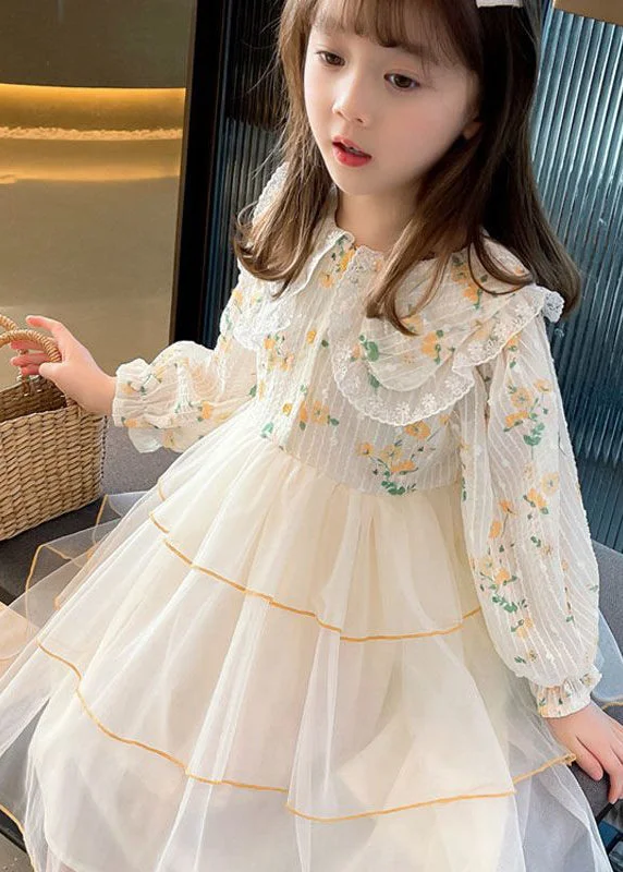Beautiful Apricot Peter Pan Collar Patchwork Tulle Girls Long Dresses Long Sleeve SS1040 Tunics Vintage classic