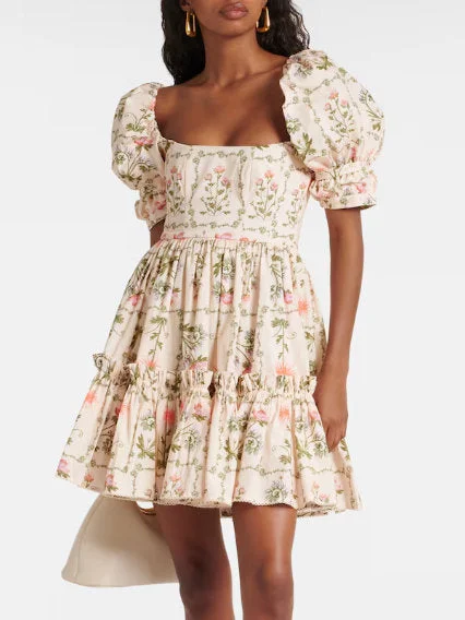 Floral Puff-Sleeve Frill Cotton Mini Dress Trendy Floral Mini Dress