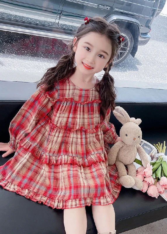 Style Red O-Neck Plaid Patchwork Girls Maxi Dress Long Sleeve SS1046 A-Line Day Work