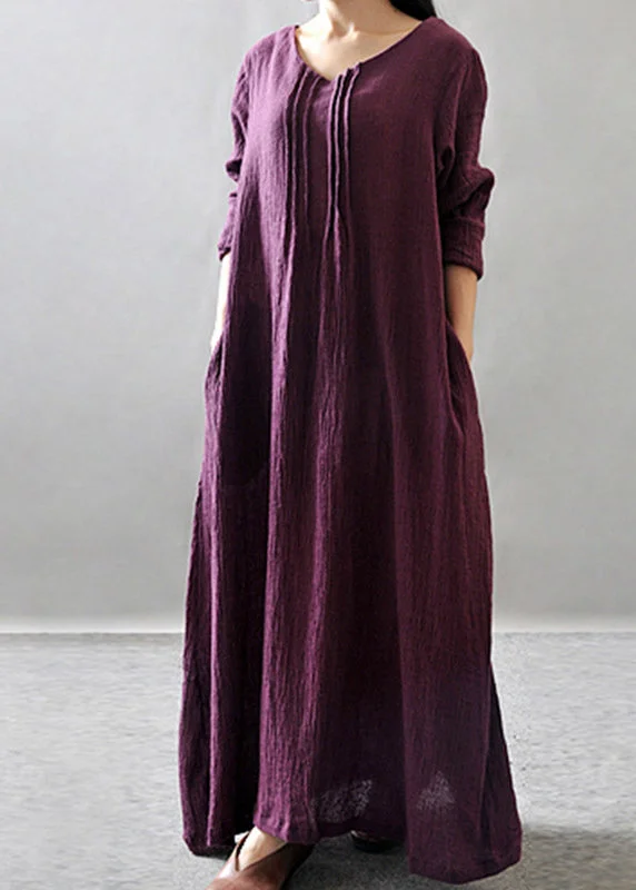 Purple Pockets Maxi Dresses Long Sleeve VV029 Square Neckline Feminine